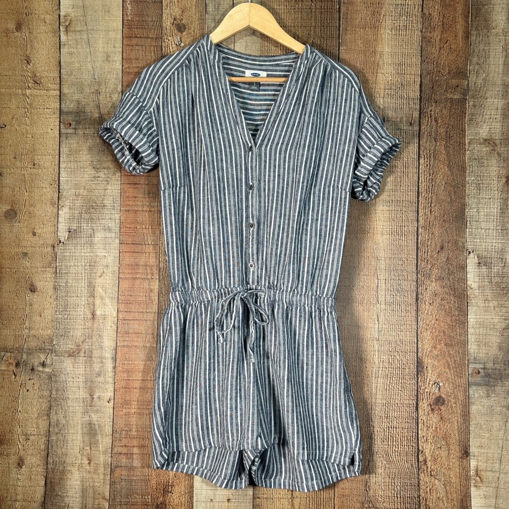 Old Navy Blue White Striped Linen Blend Button Front Romper Drawstring Small